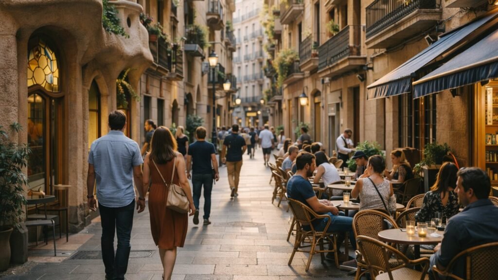 Late afternoon street scene in Barcelona with cafes and pedestrians