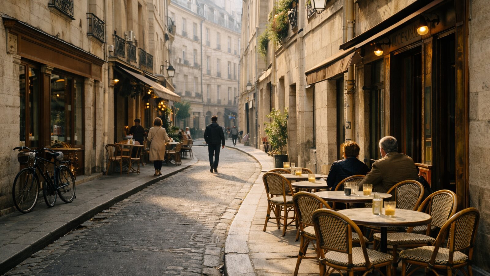 Medieval street scene in Le Marais, Paris, in the morning