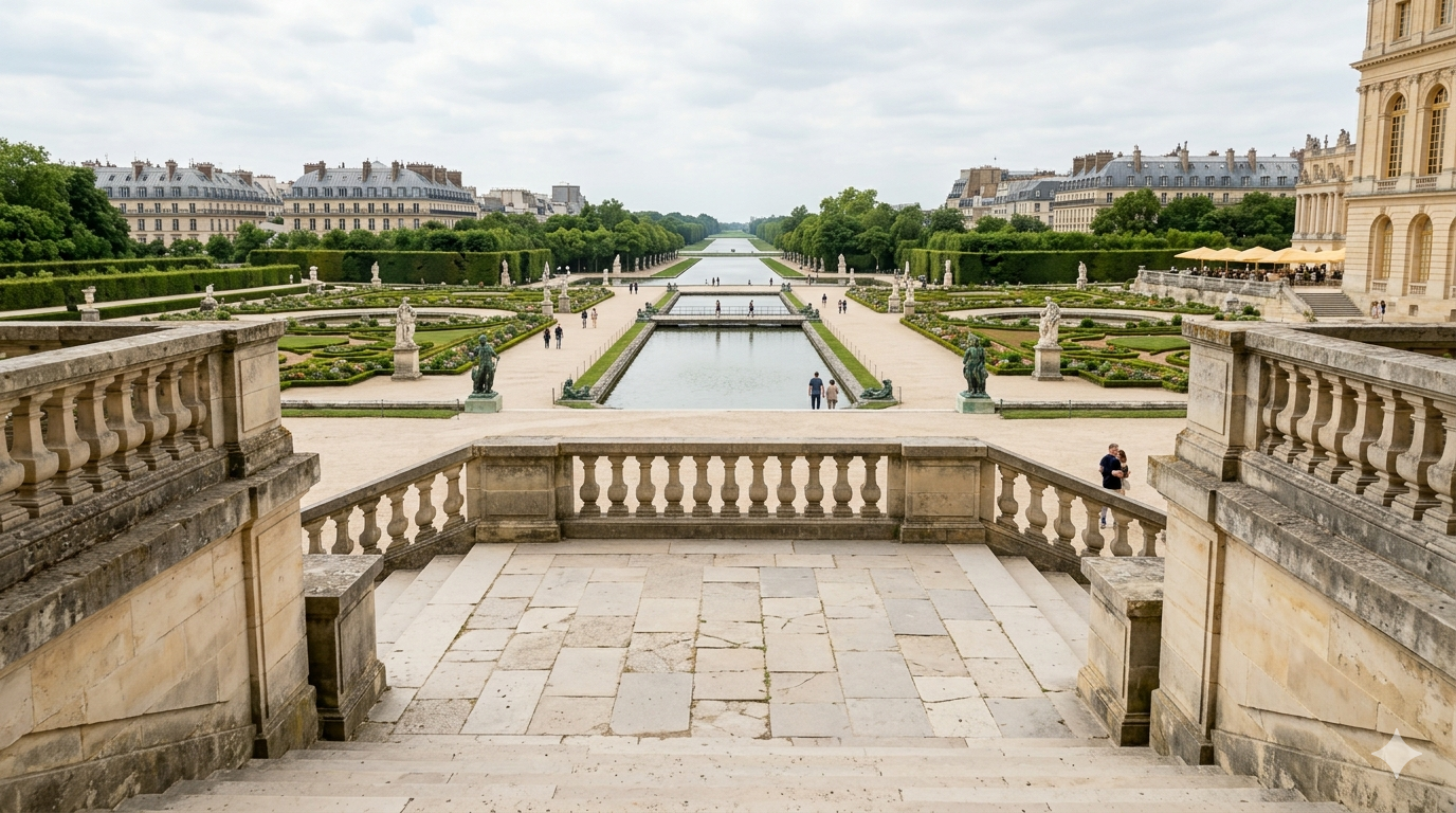 Formal gardens of the Palace of Versailles with fountains and parterres