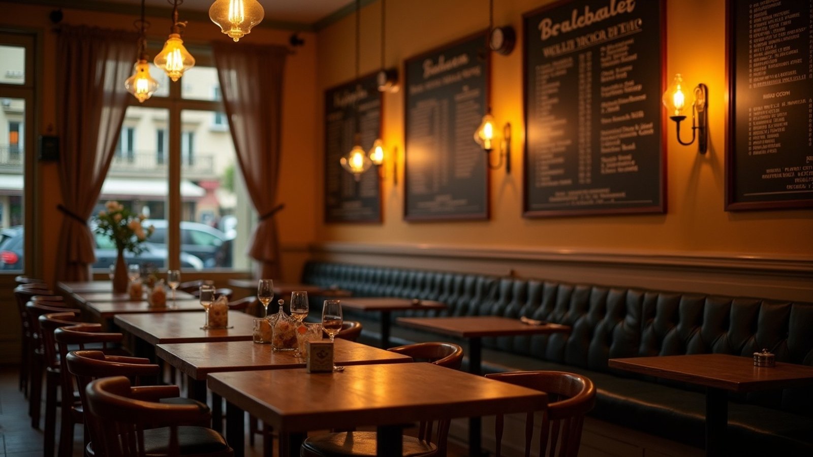 Interior of a classic Parisian bistro with zinc bar and tiled floor