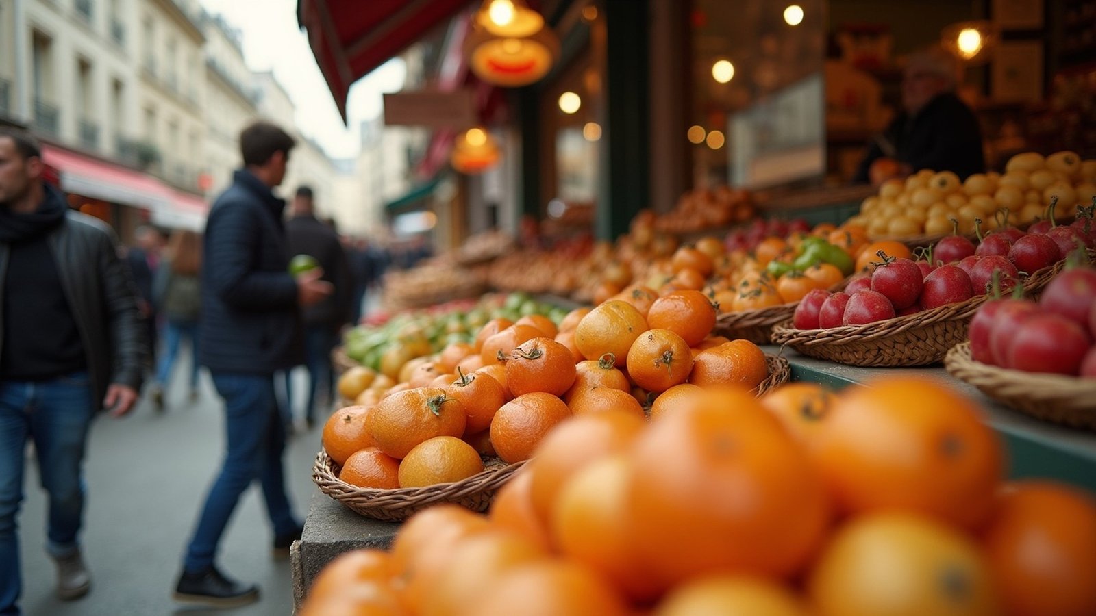 Market stalls on Rue Mouffetard in the Latin Quarter, Paris
