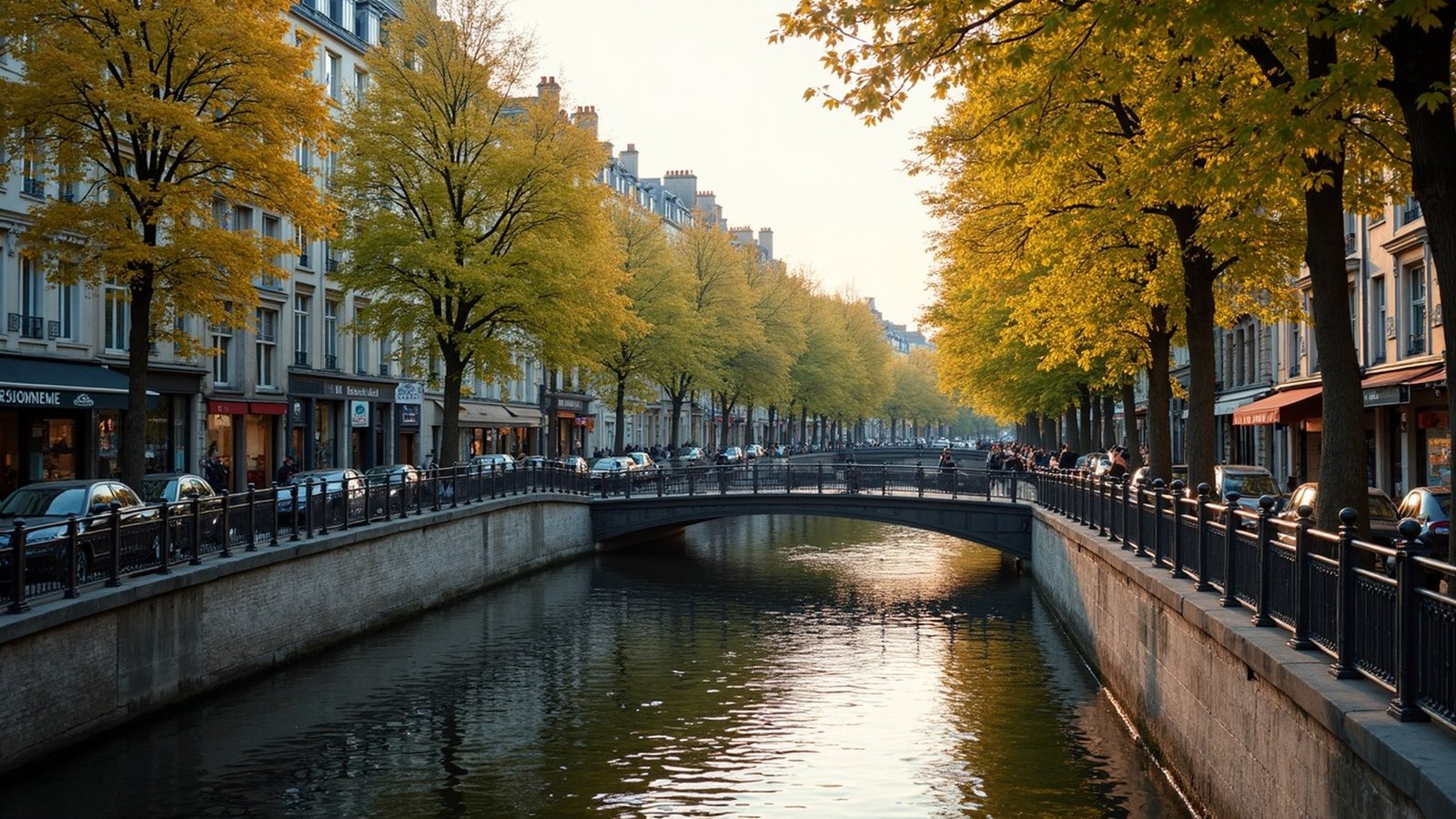 Canal Saint-Martin with iron footbridges and tree-lined banks, Paris