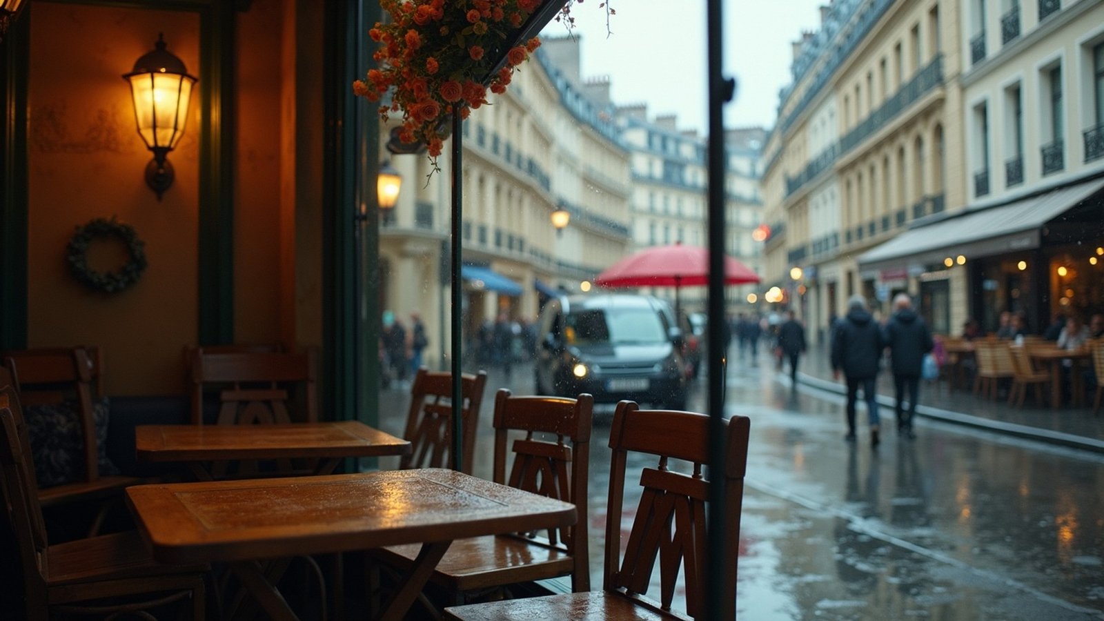 Rainy day in Paris with café tables and umbrellas on a wet street