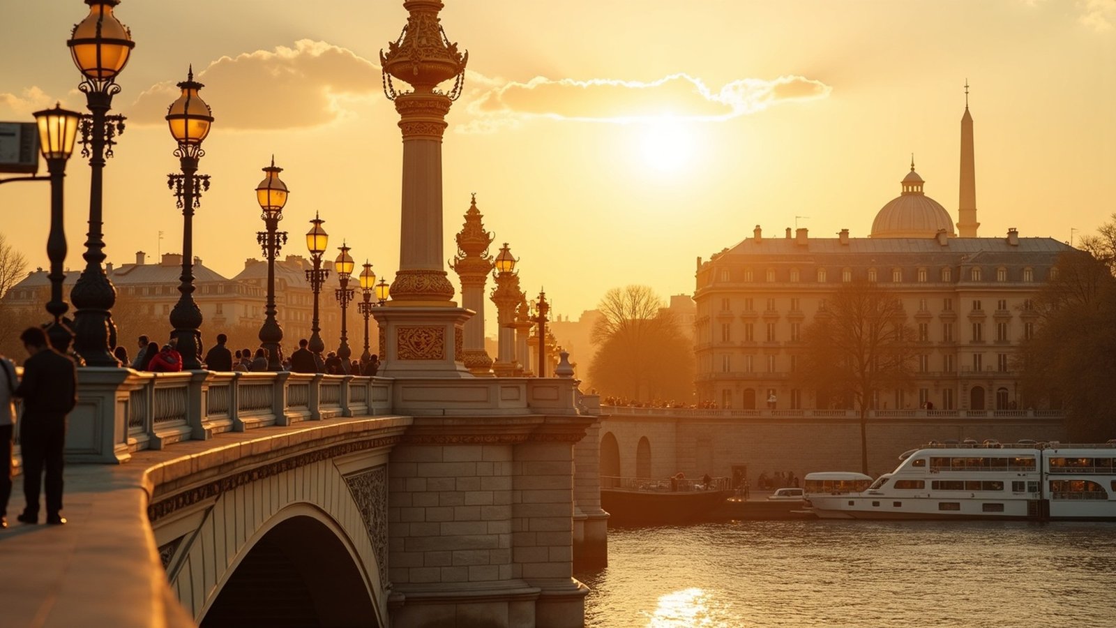 Pont Alexandre III with gilded lamps and the Eiffel Tower beyond, Paris