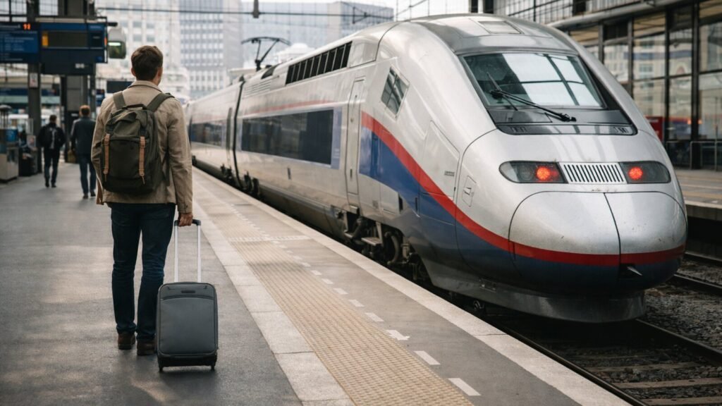 Traveler waiting for a train from Paris to Amsterdam at a city station