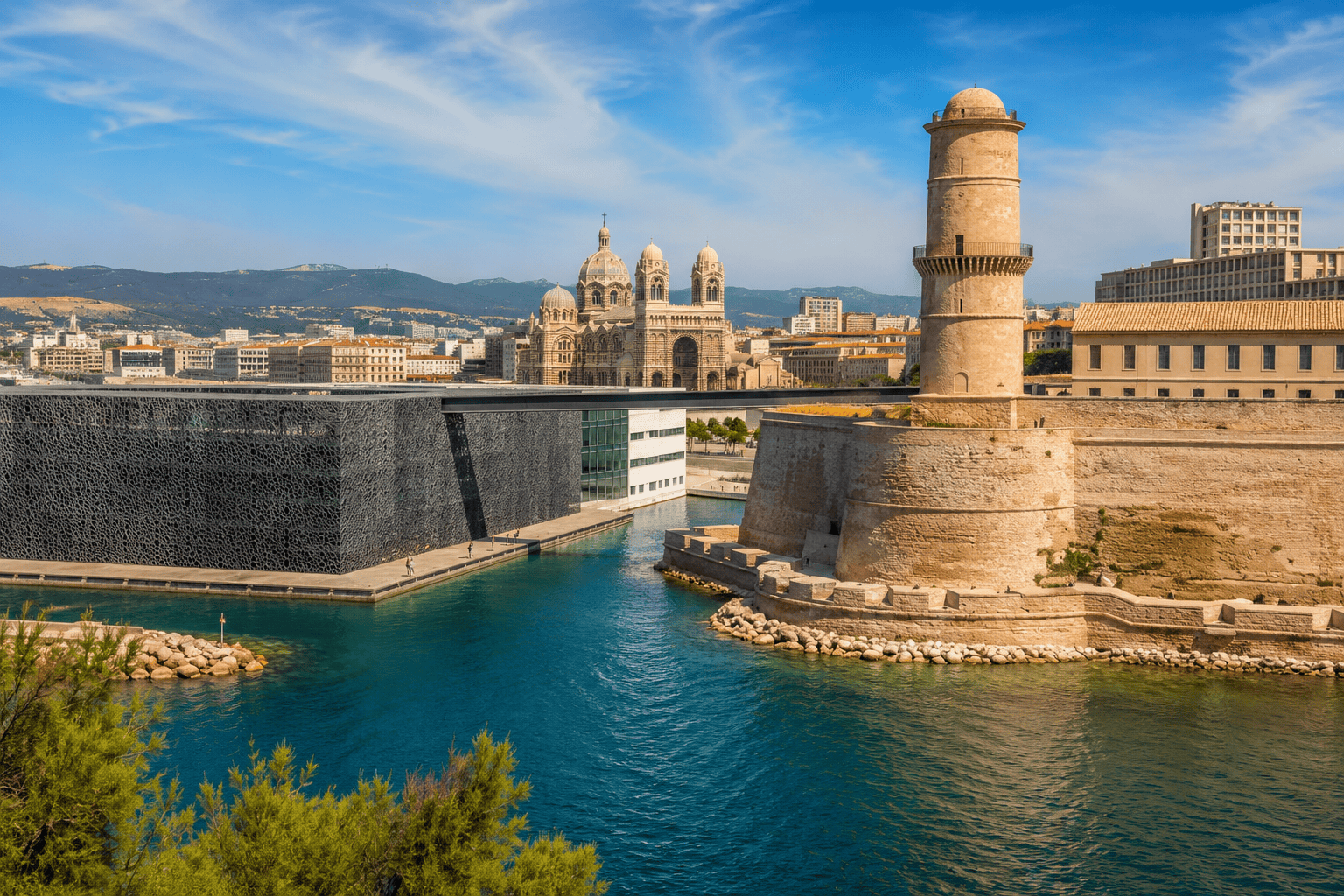 Generated image: Mediterranean harbor with modern and historic architecture
