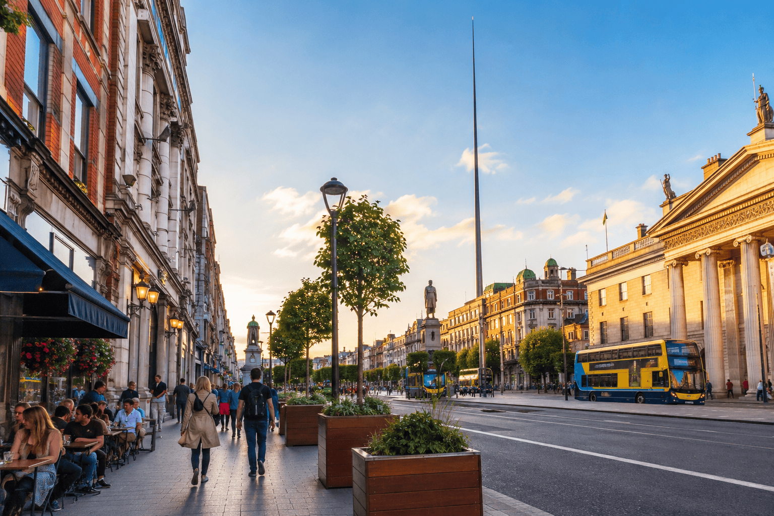 Lively Dublin street near the south city center at golden hour