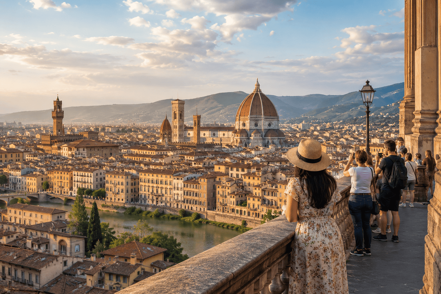 Florence historic center itinerary view at golden hour