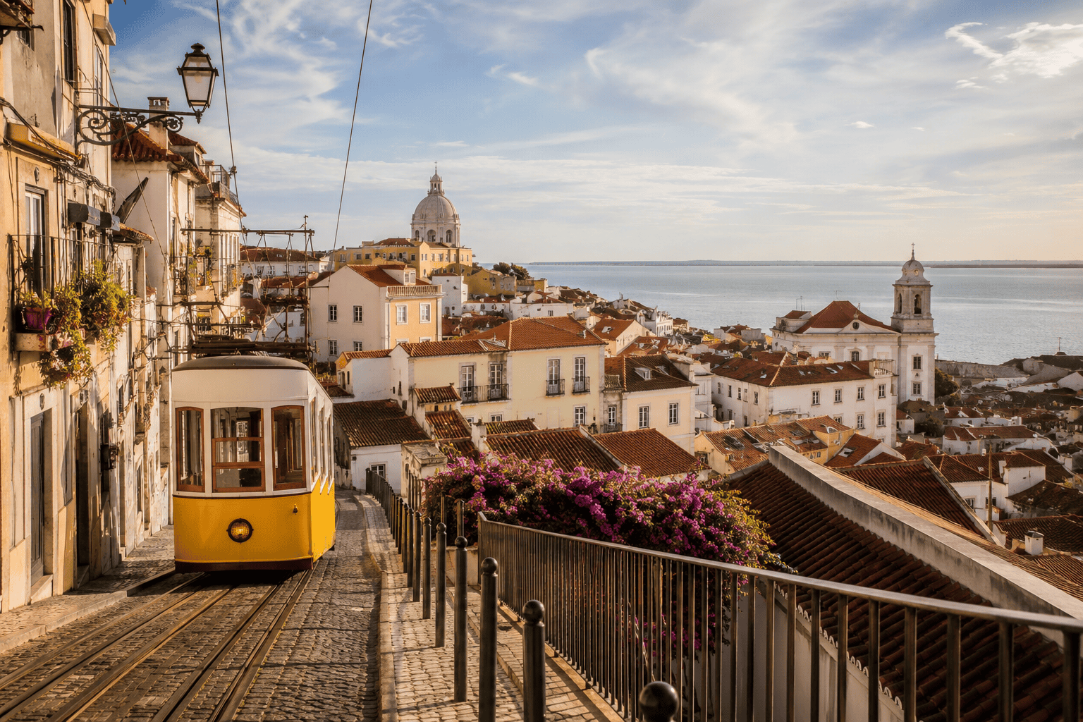 Sunny Lisbon street view with tram tracks near Baixa and Alfama