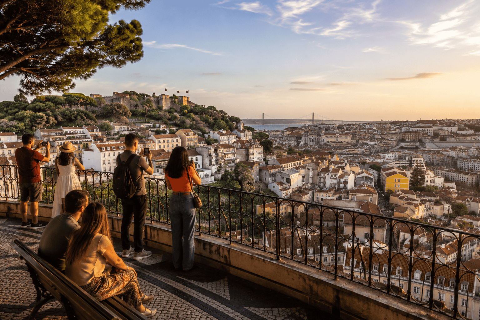 Golden hour Lisbon cityscape from a viewpoint near Bairro Alto