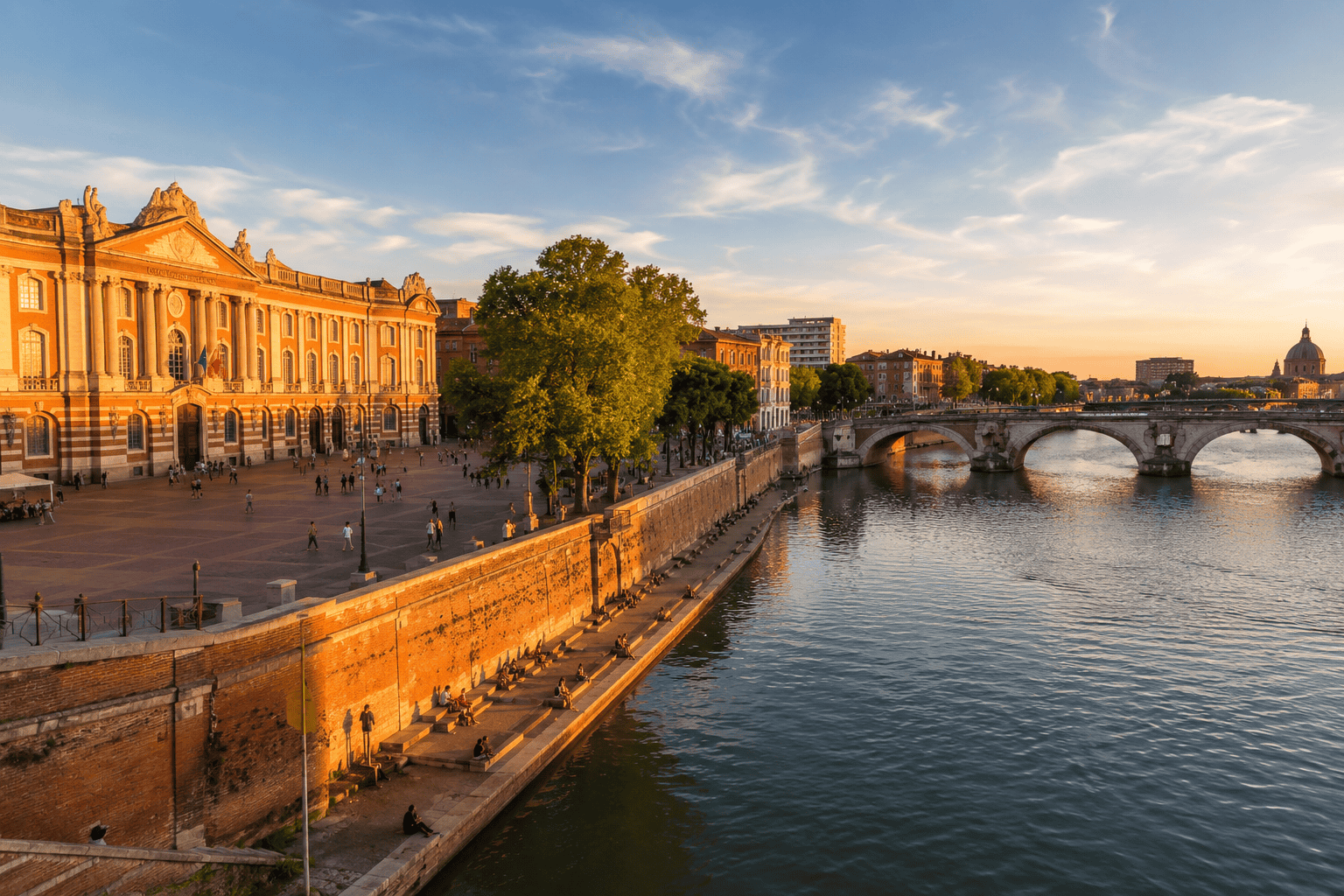 Golden hour along the Garonne riverbank in Toulouse on day 1 of a 3 day itinerary