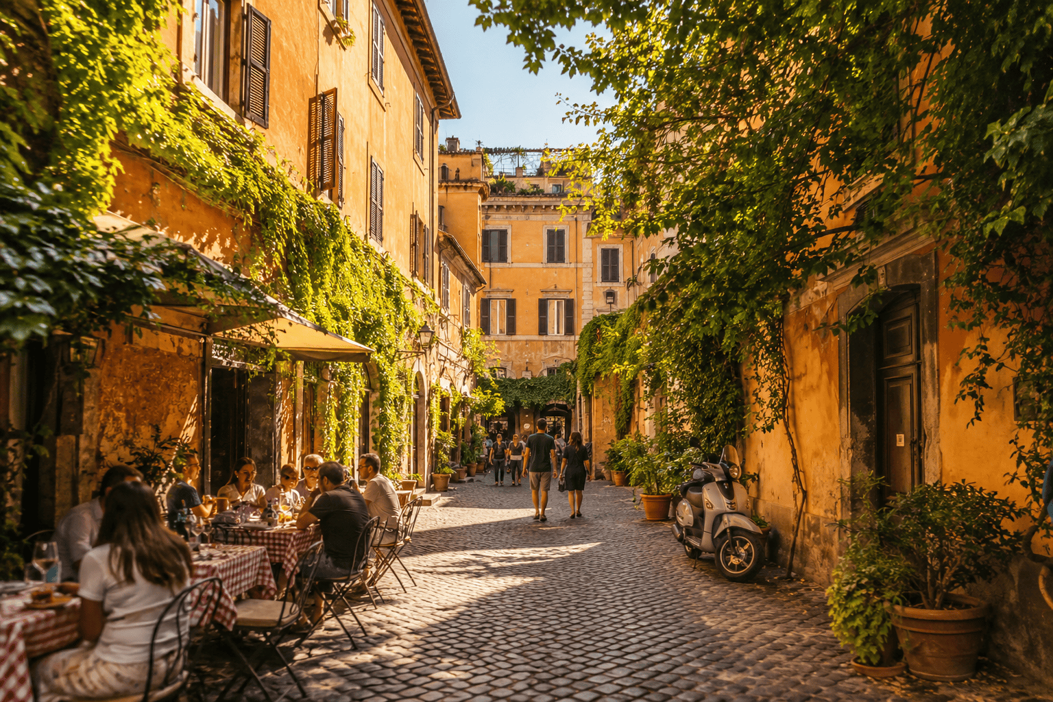 Cobblestone street and cafe in Trastevere for a slower Rome itinerary day