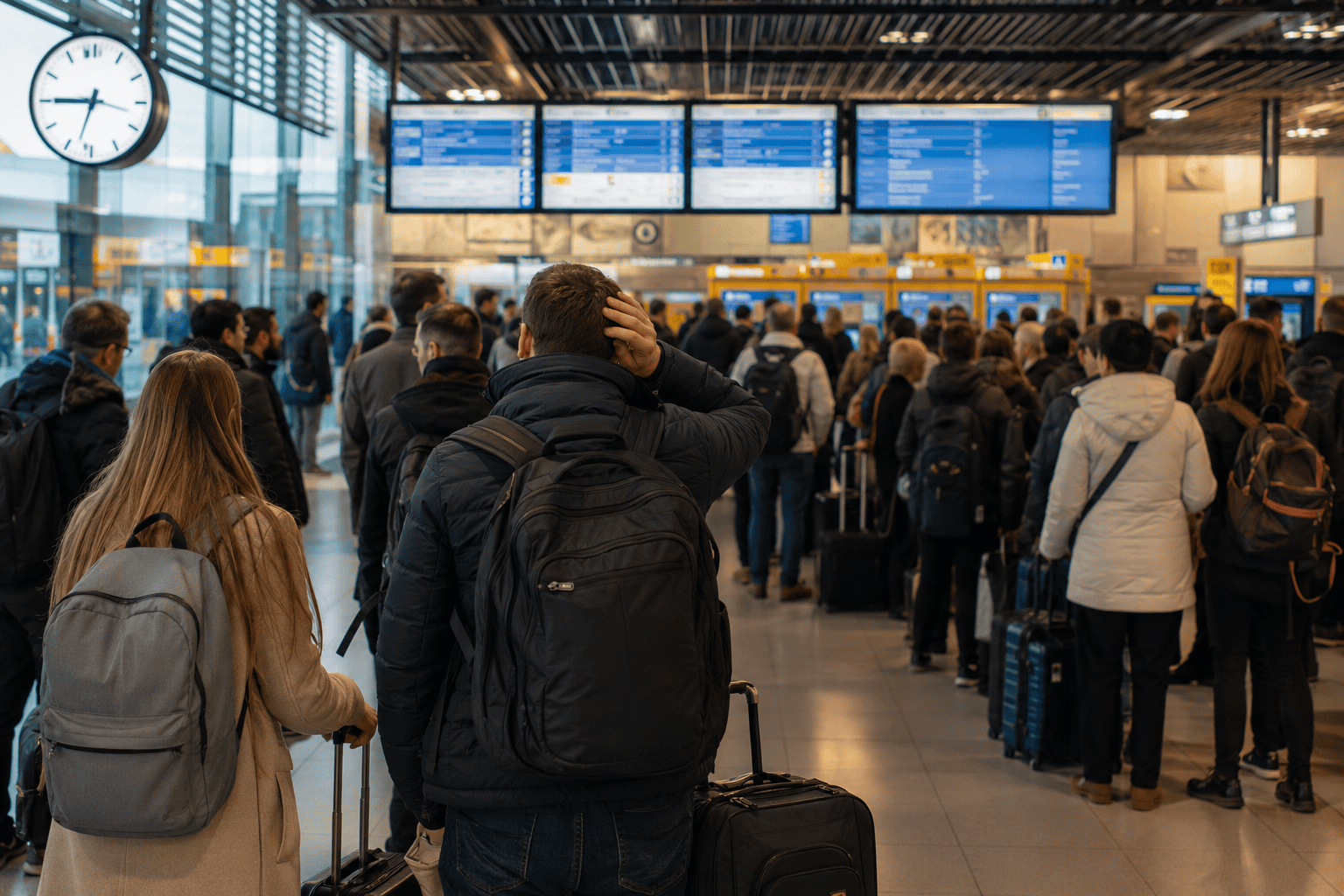 Travelers with luggage inside a busy Schiphol airport terminal