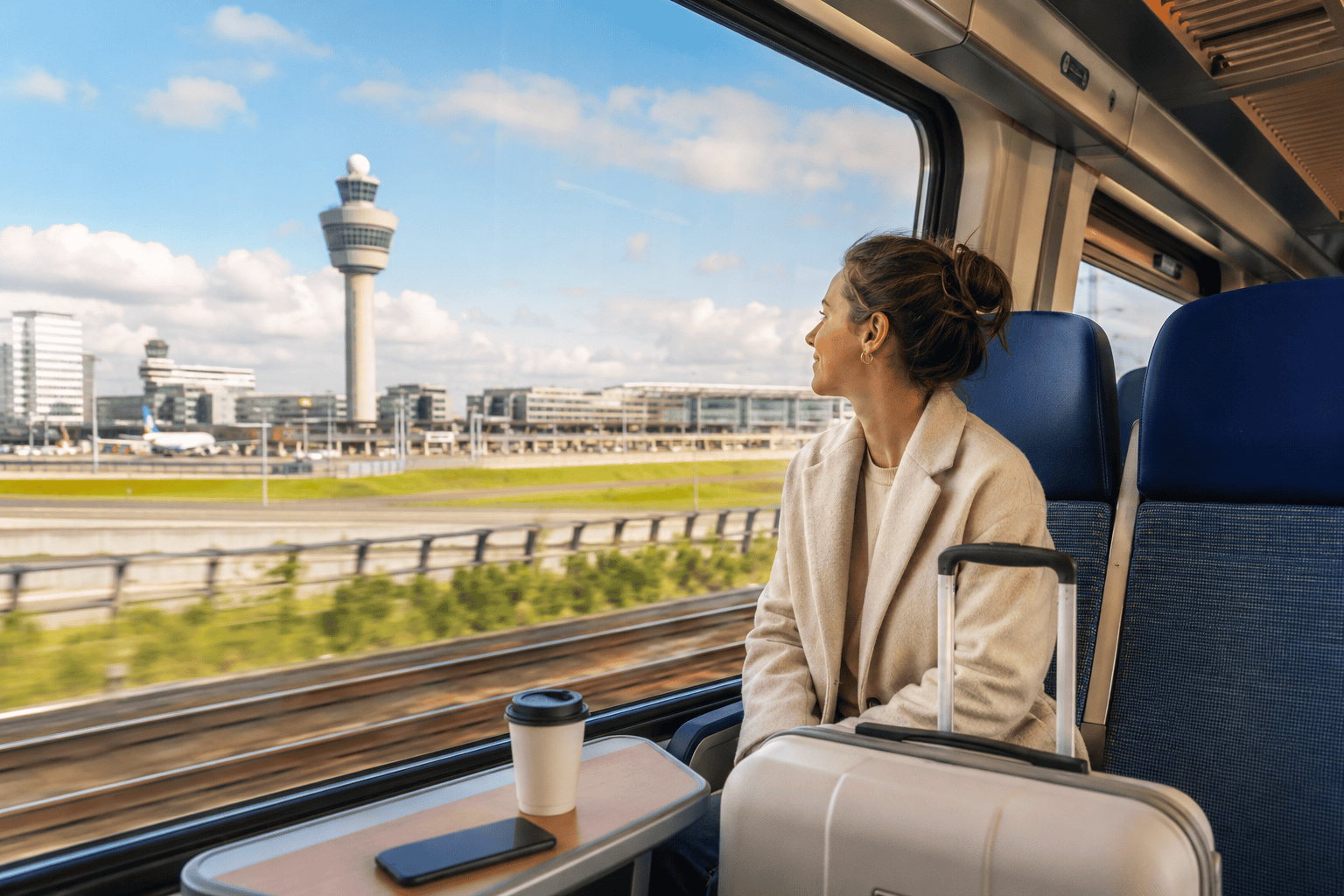 Traveler inside a modern train from Schiphol to Amsterdam