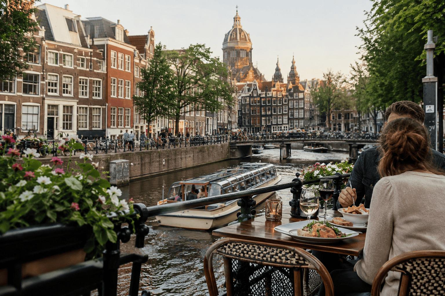 Canal-side dining area in Amsterdam