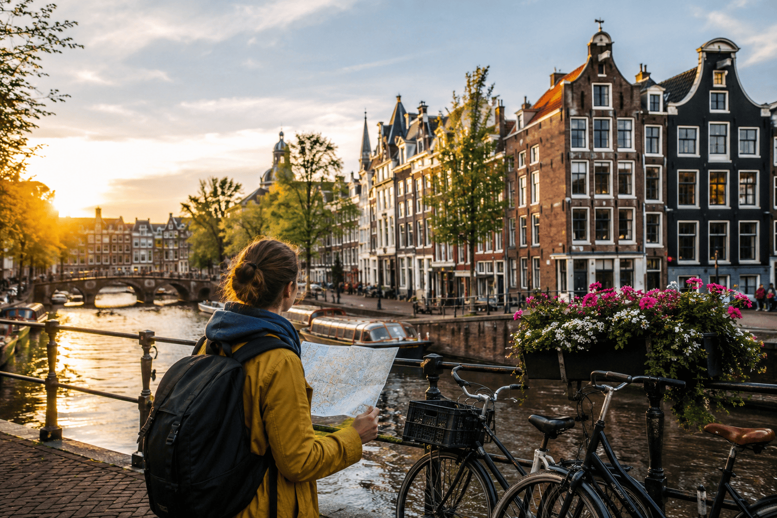 Amsterdam canal district during golden hour