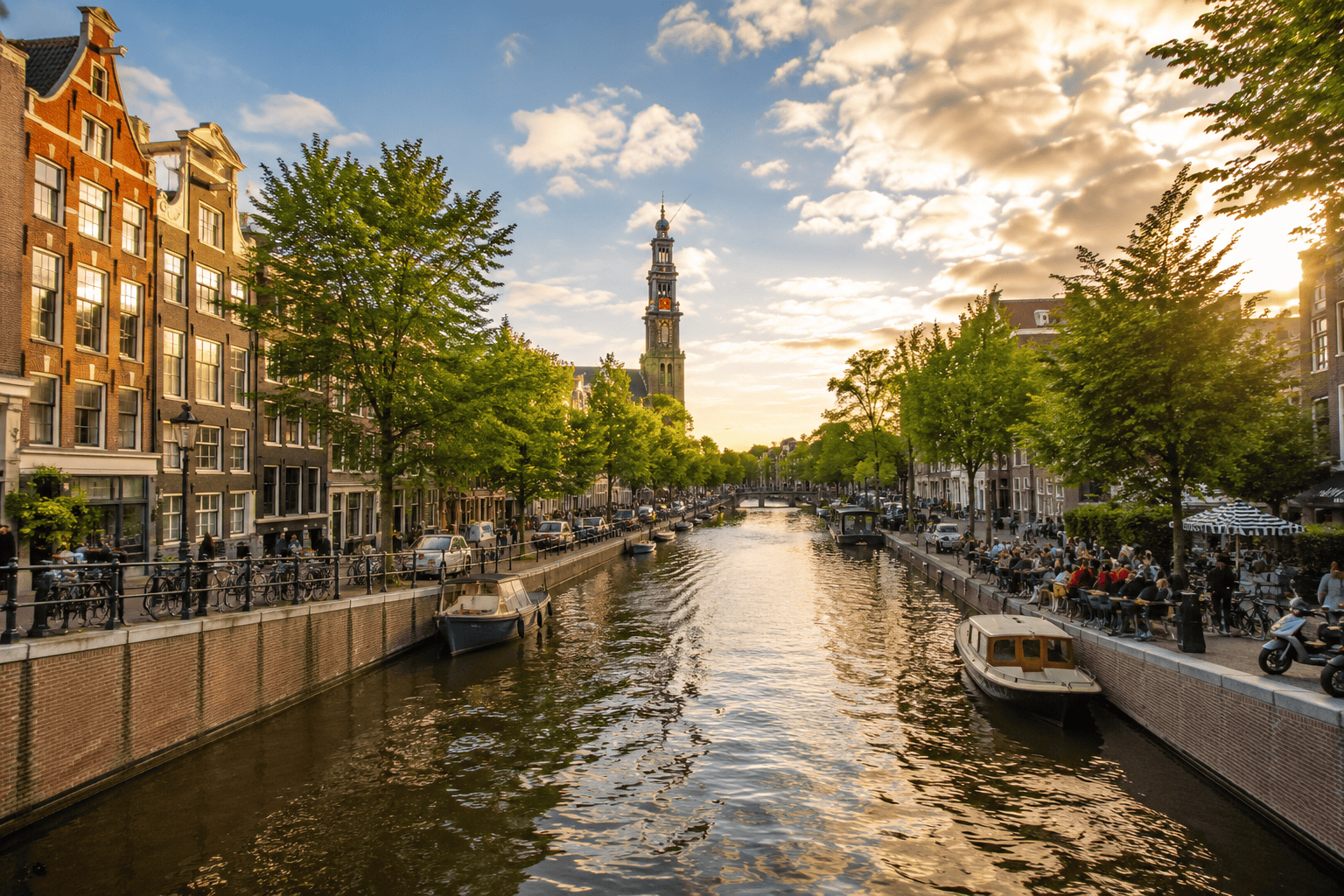 Golden-hour canal view in Amsterdam