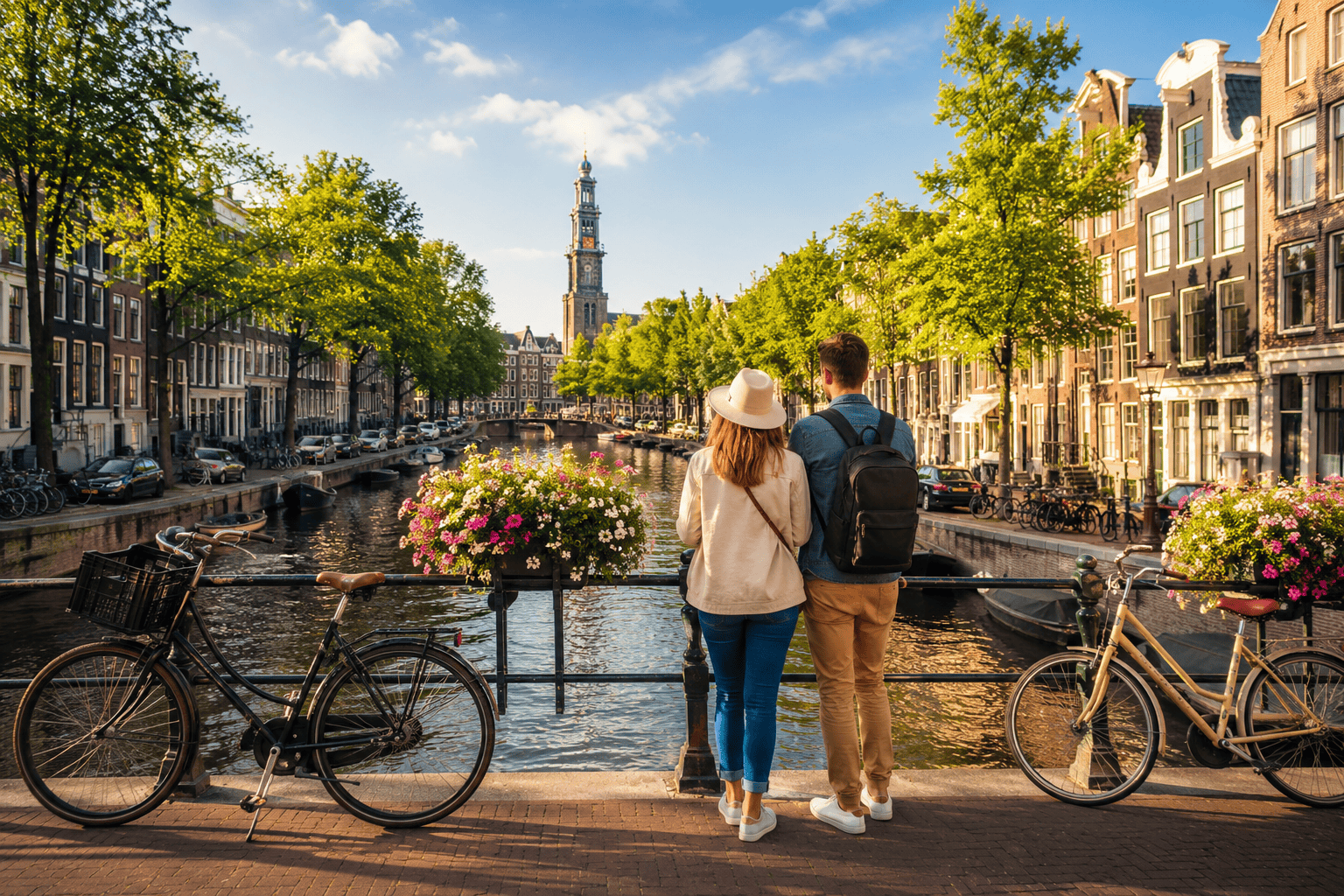 Amsterdam canal stroll with bikes and flowers