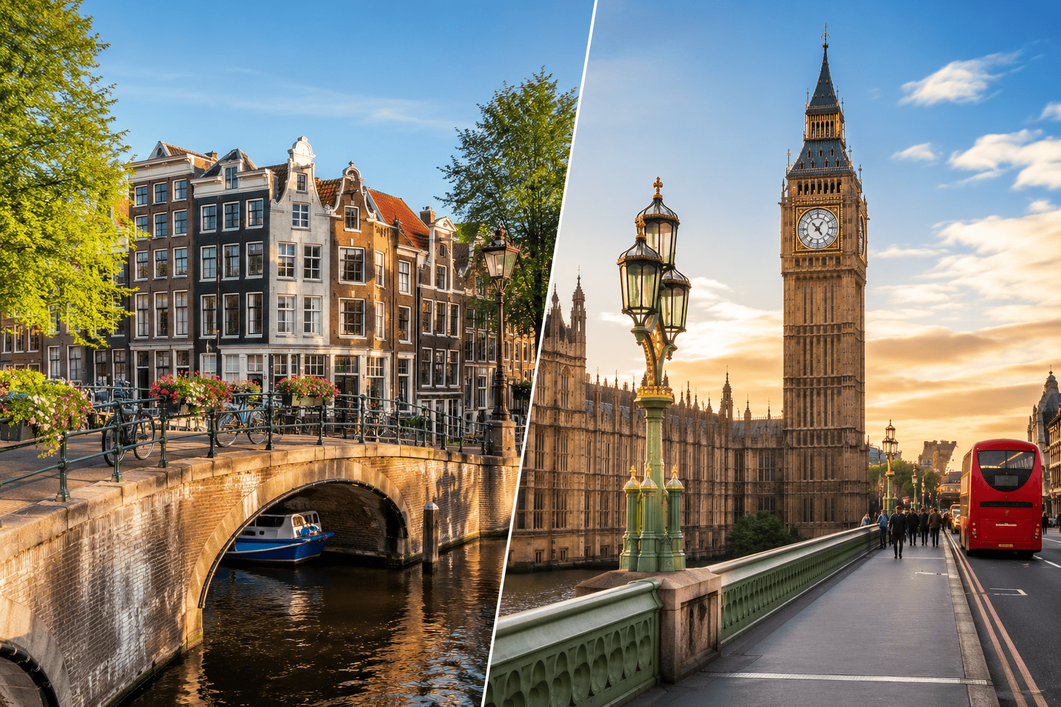 Generated image: Amsterdam and London city split view