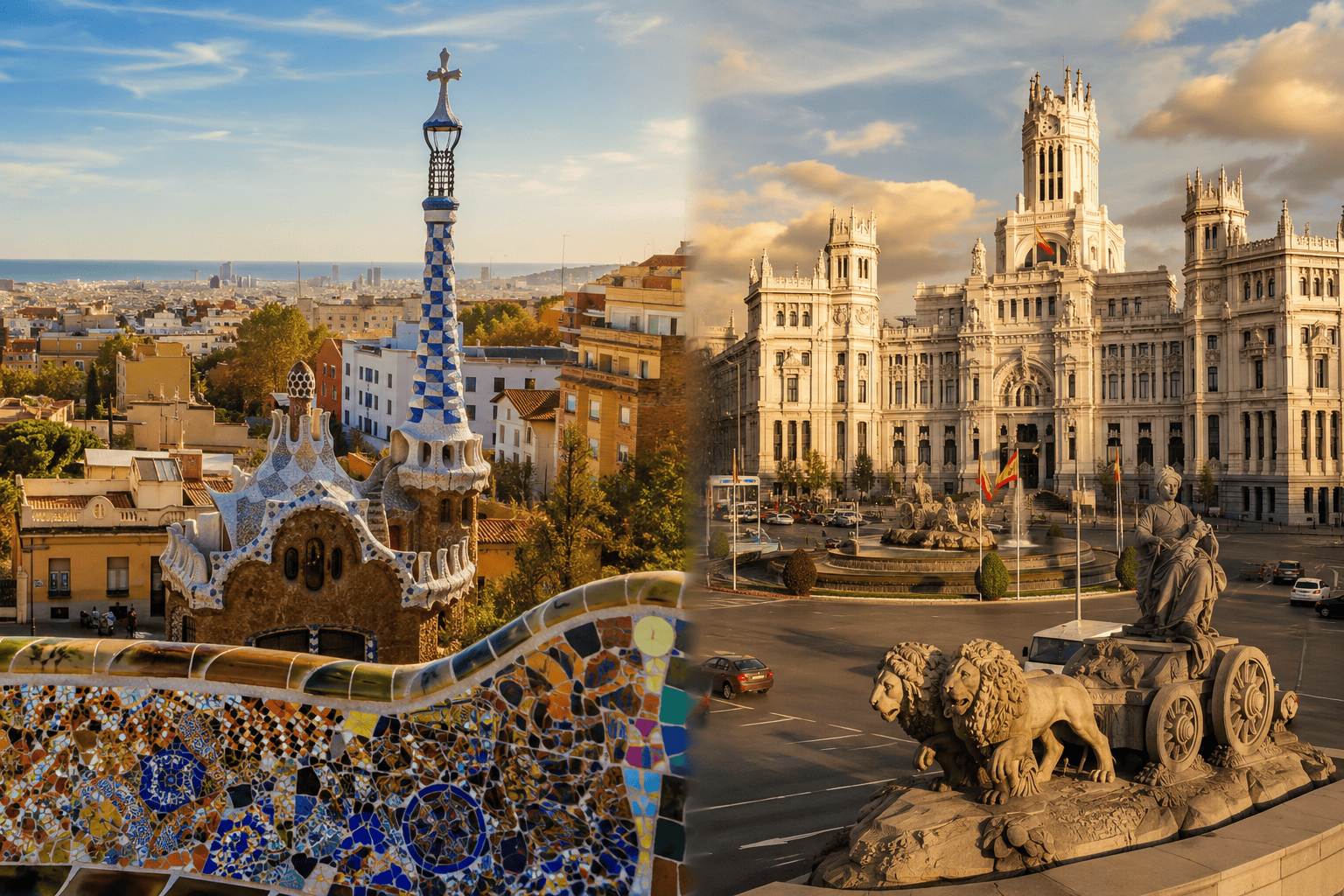 Generated image: Barcelona meets Madrid at golden hour