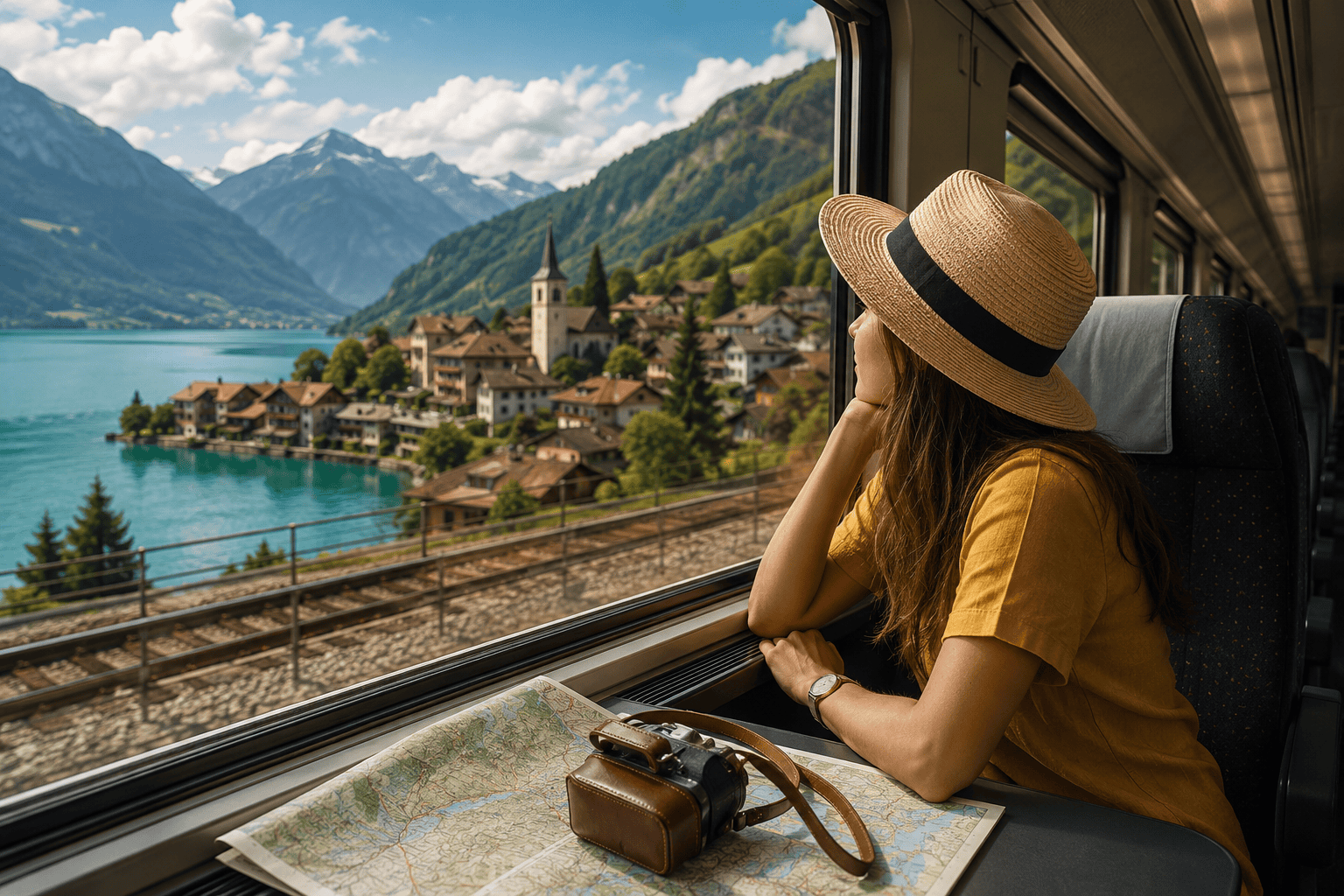 Generated image: Relaxing train ride by the lake