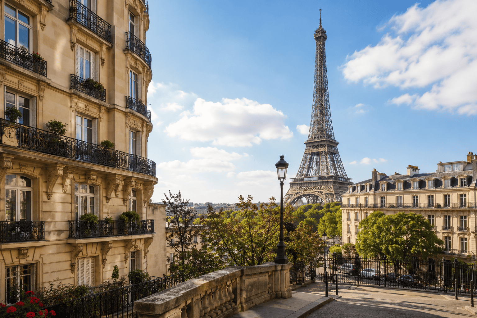 Sunny Paris street with Eiffel Tower view in the 7th arrondissement