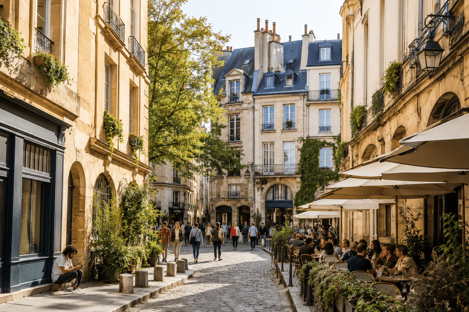 Generated image: Sunny European street with café life