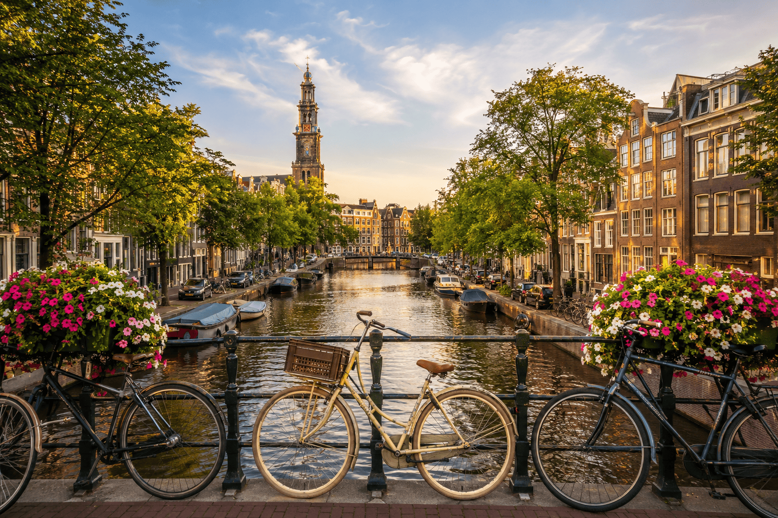 Golden-hour canal view in Amsterdam with bikes and historic canal houses
