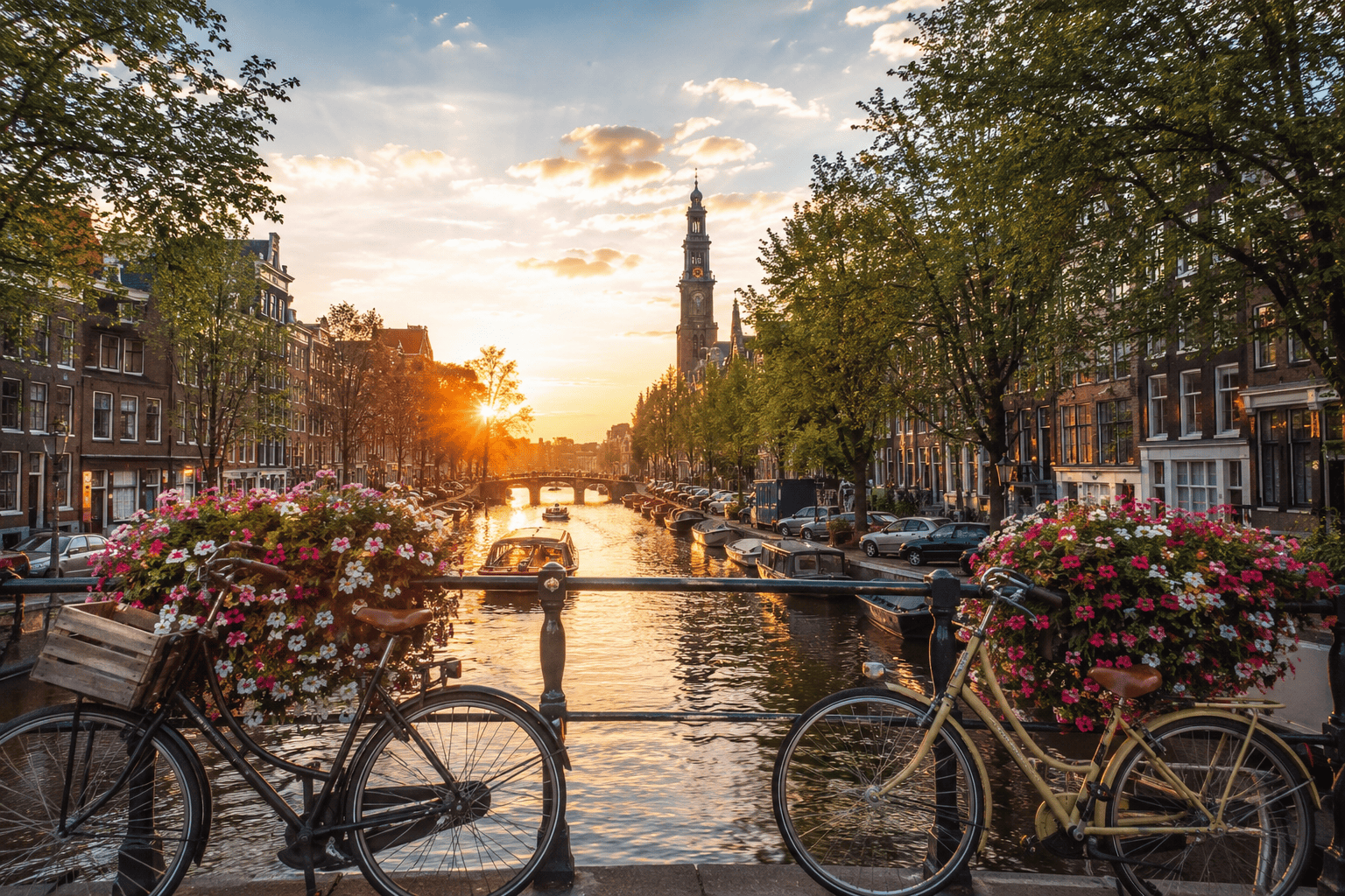 Sunset over a peaceful Amsterdam canal