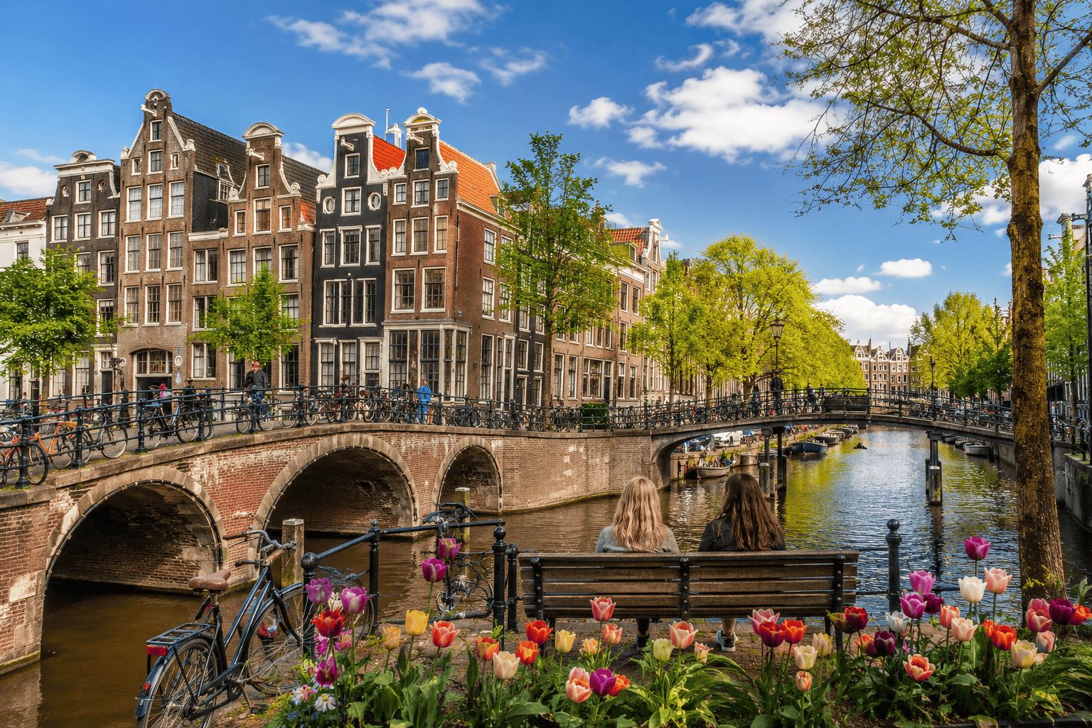 Sunny Amsterdam canal lined with flowers and historic buildings