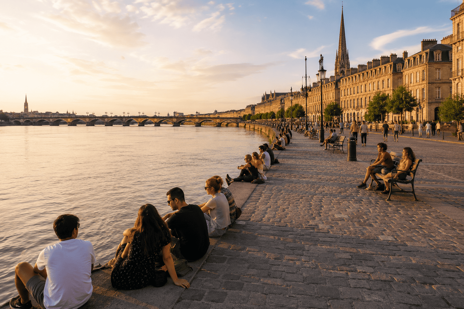 Bordeaux riverside promenade during golden hour