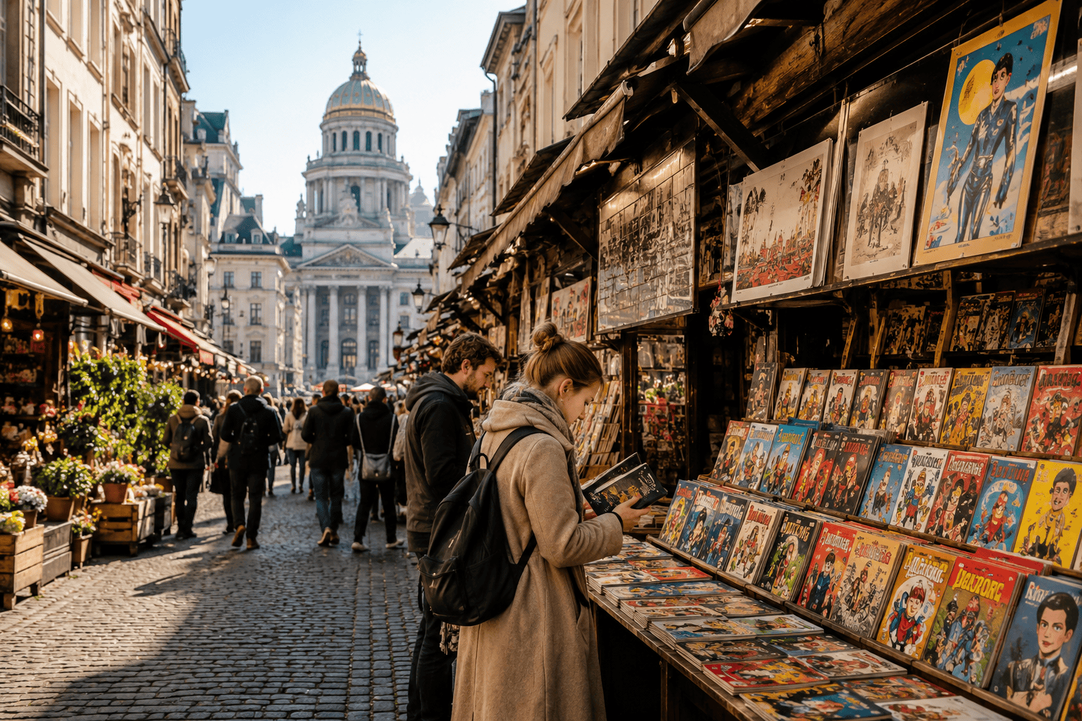 Generated image: Bustling market street with comics and prints