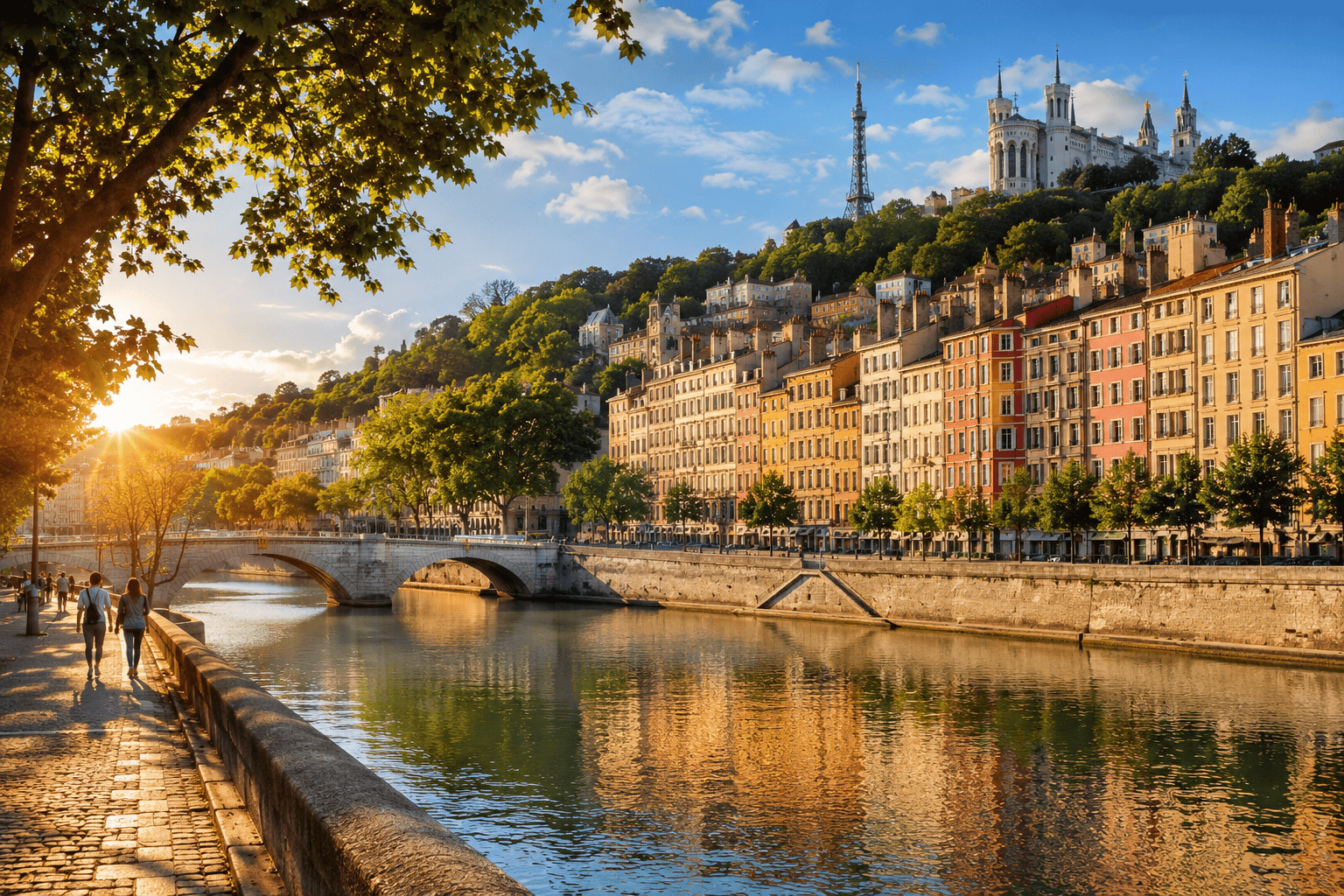 Golden hour riverside stroll in Lyon