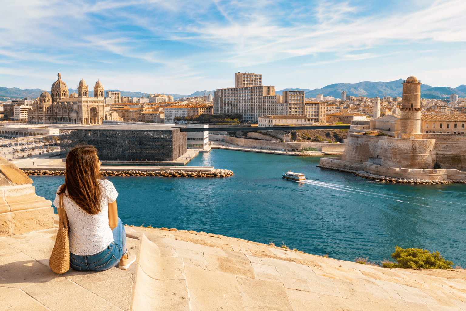 Generated image: Contemplating by the coastal cityscape