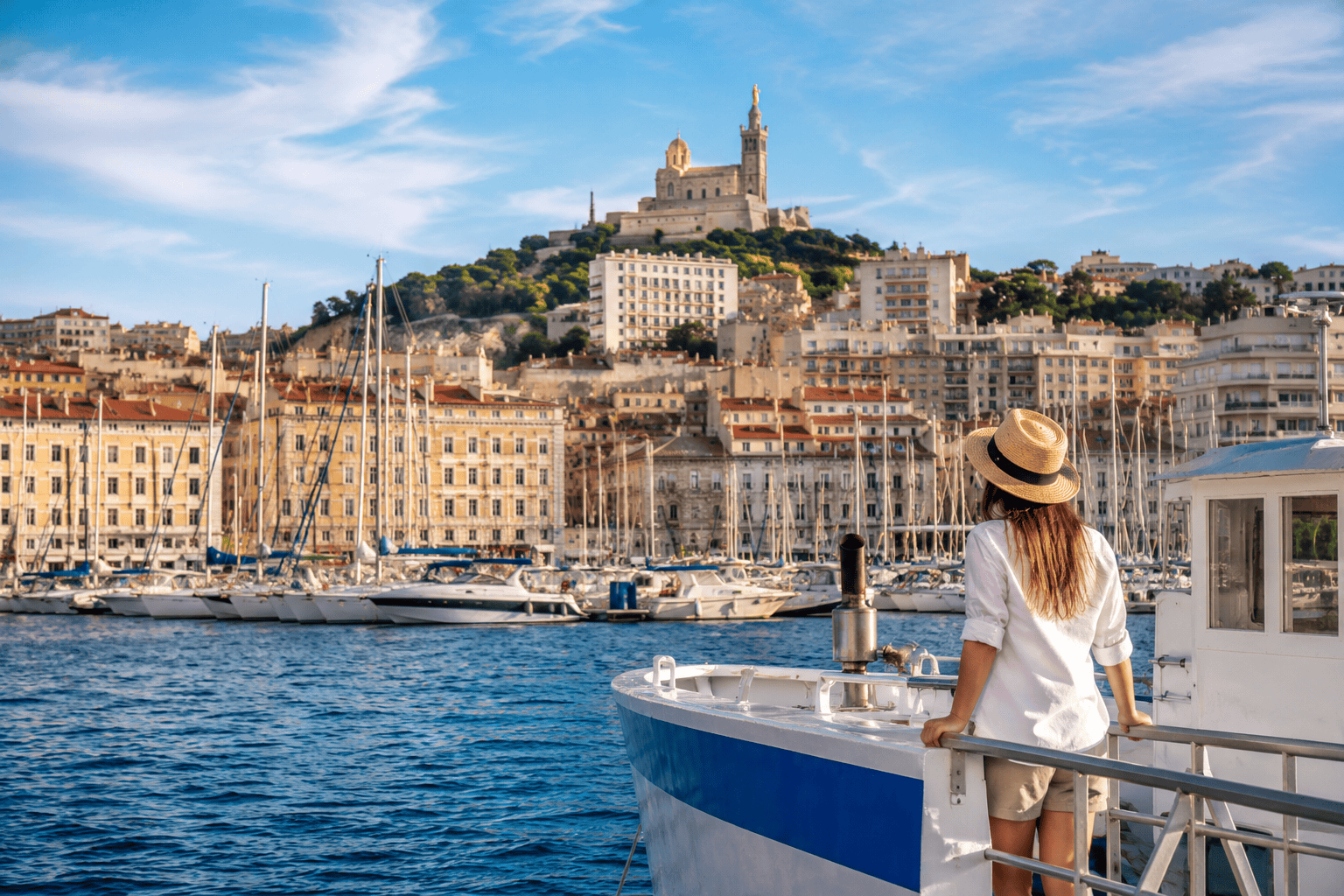 Old Port view with marina and Notre-Dame de la Garde in Marseille