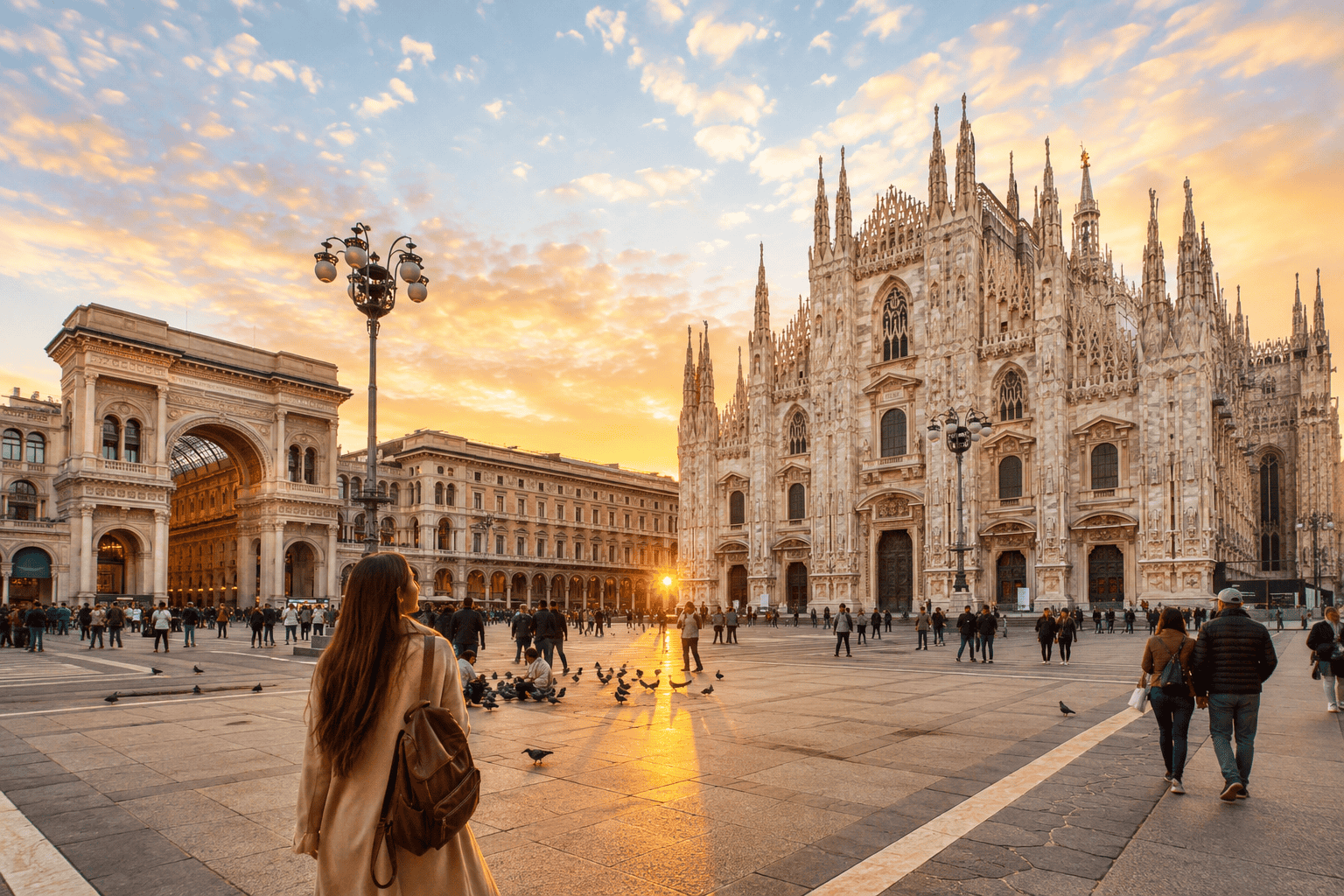 Golden hour in a busy Milan piazza