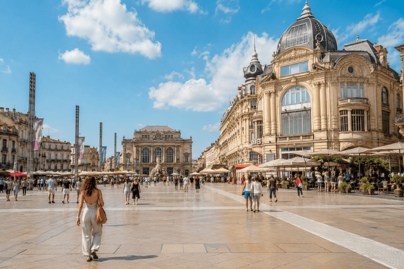 Cafe terraces and sunny public square in Montpellier