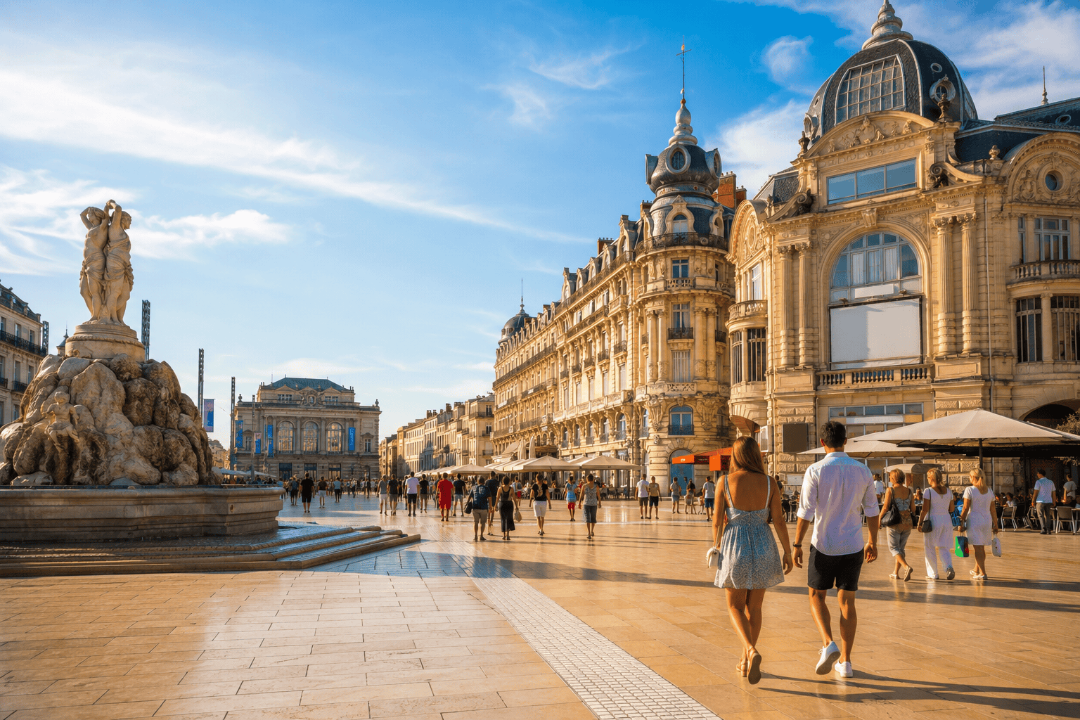 Historic streets and sunny square in Montpellier