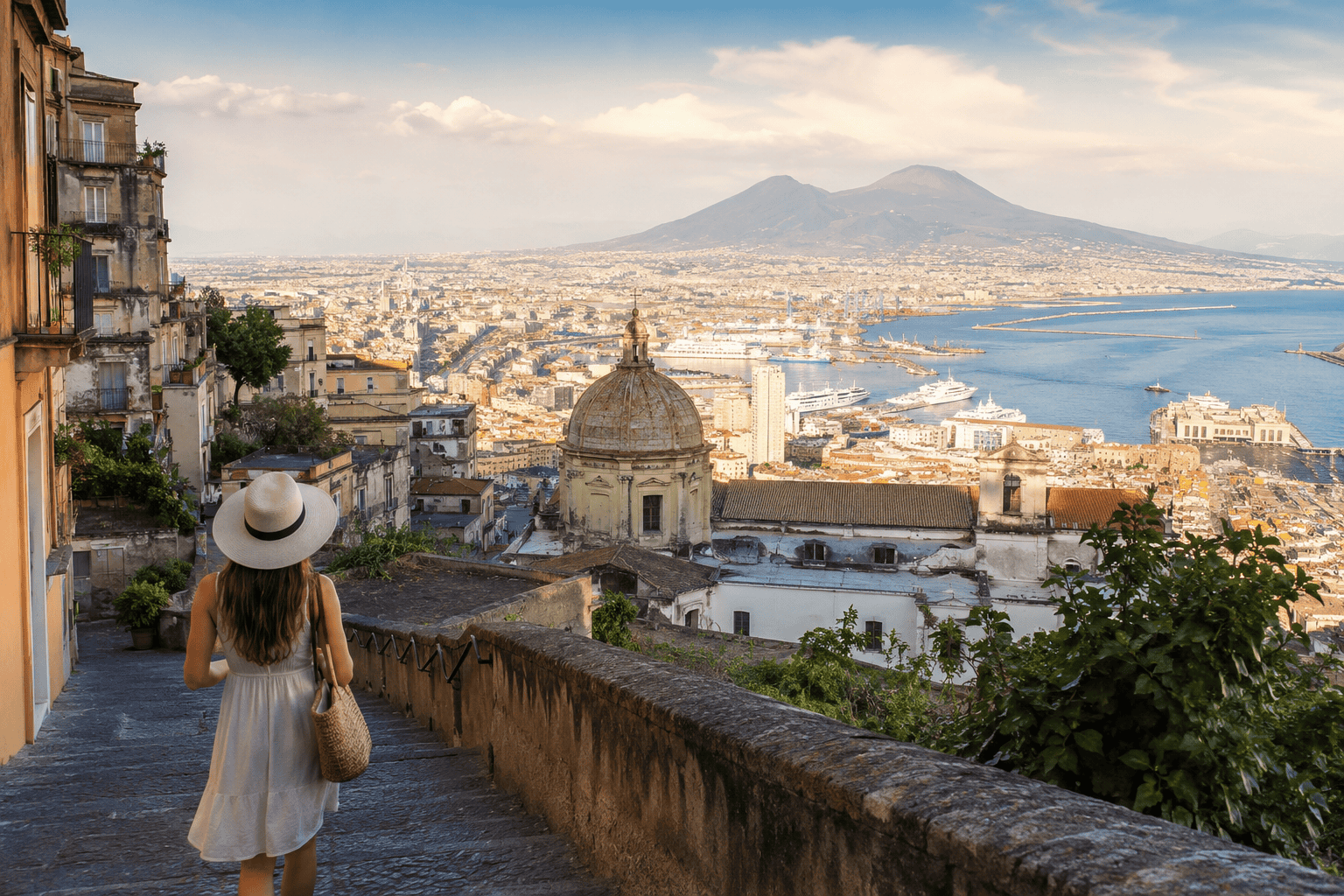 Scenic Mediterranean view from cobblestone steps in Naples