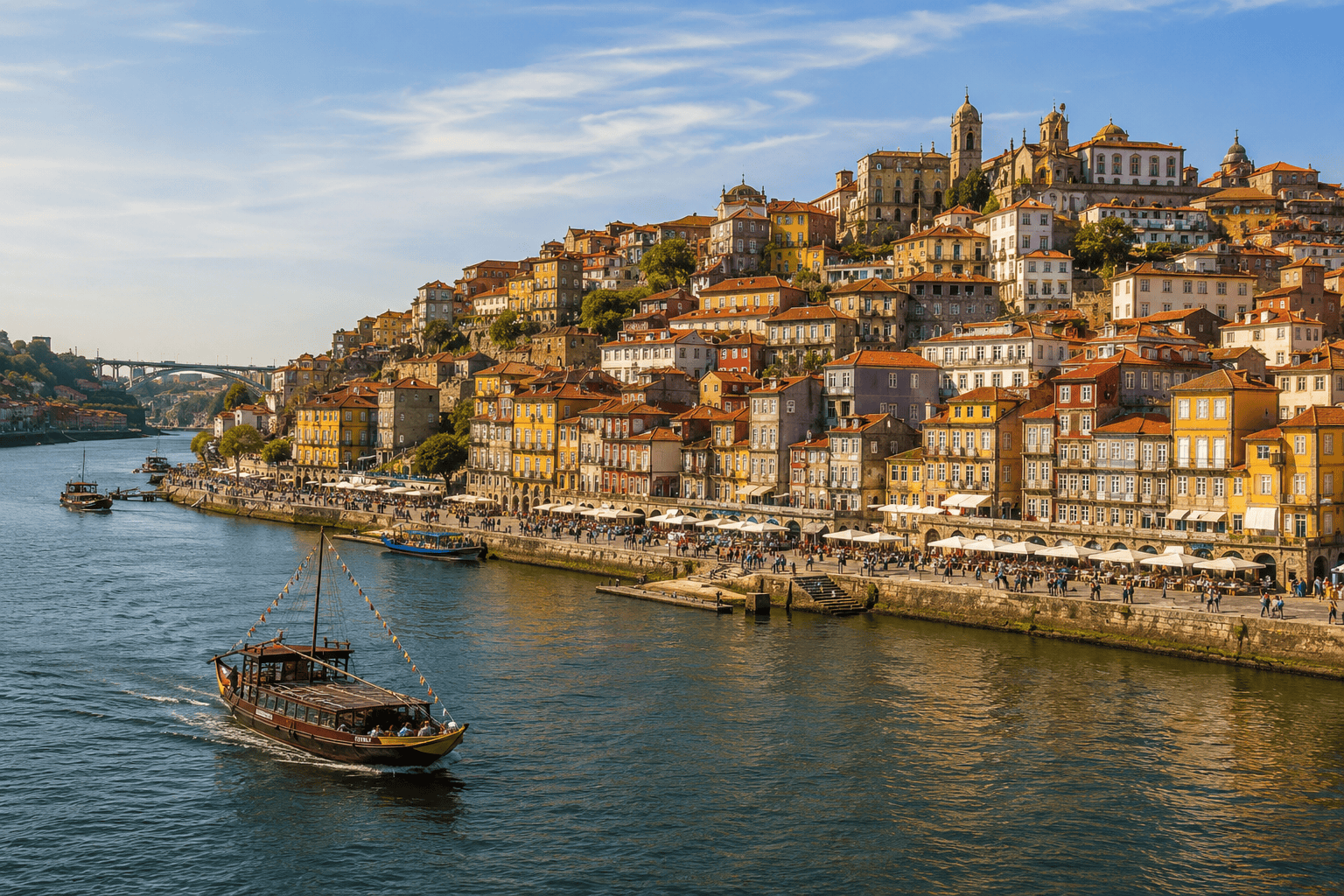 Riverside Porto cityscape with boats on the Douro River