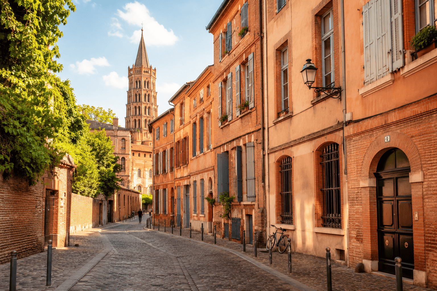 Quiet Toulouse neighborhood street with historic buildings