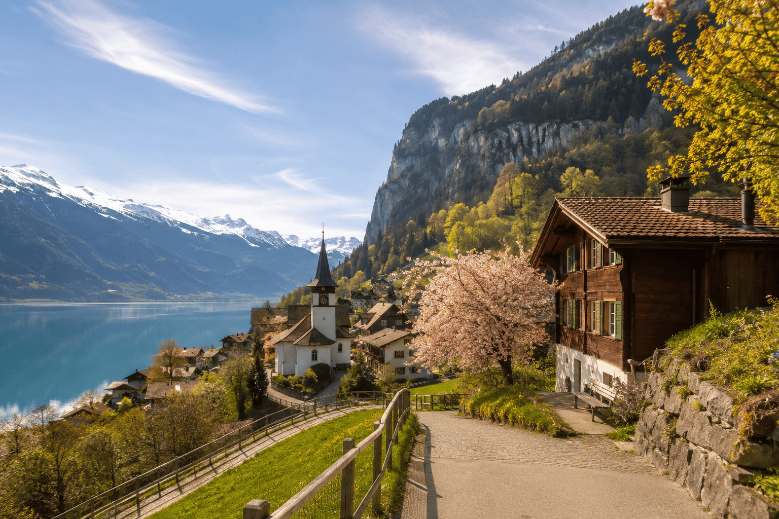 Alpine village by a serene Swiss lake
