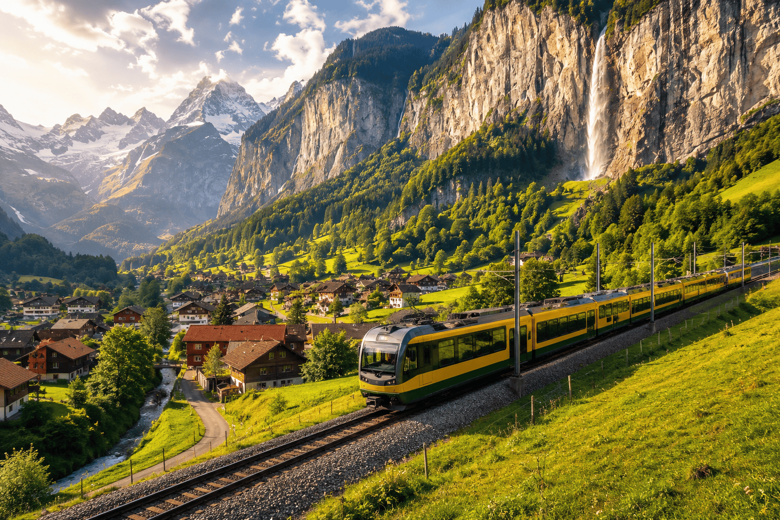 Scenic train journey through the Swiss Alps