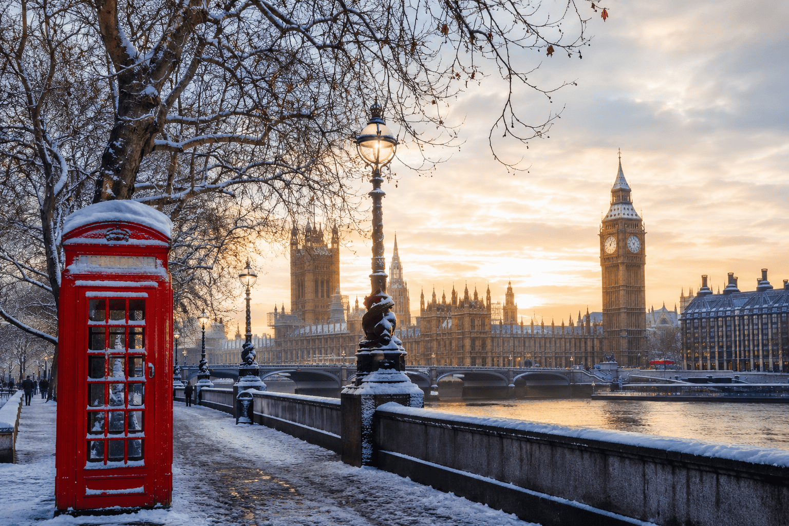 Winter in London near Big Ben and the River Thames