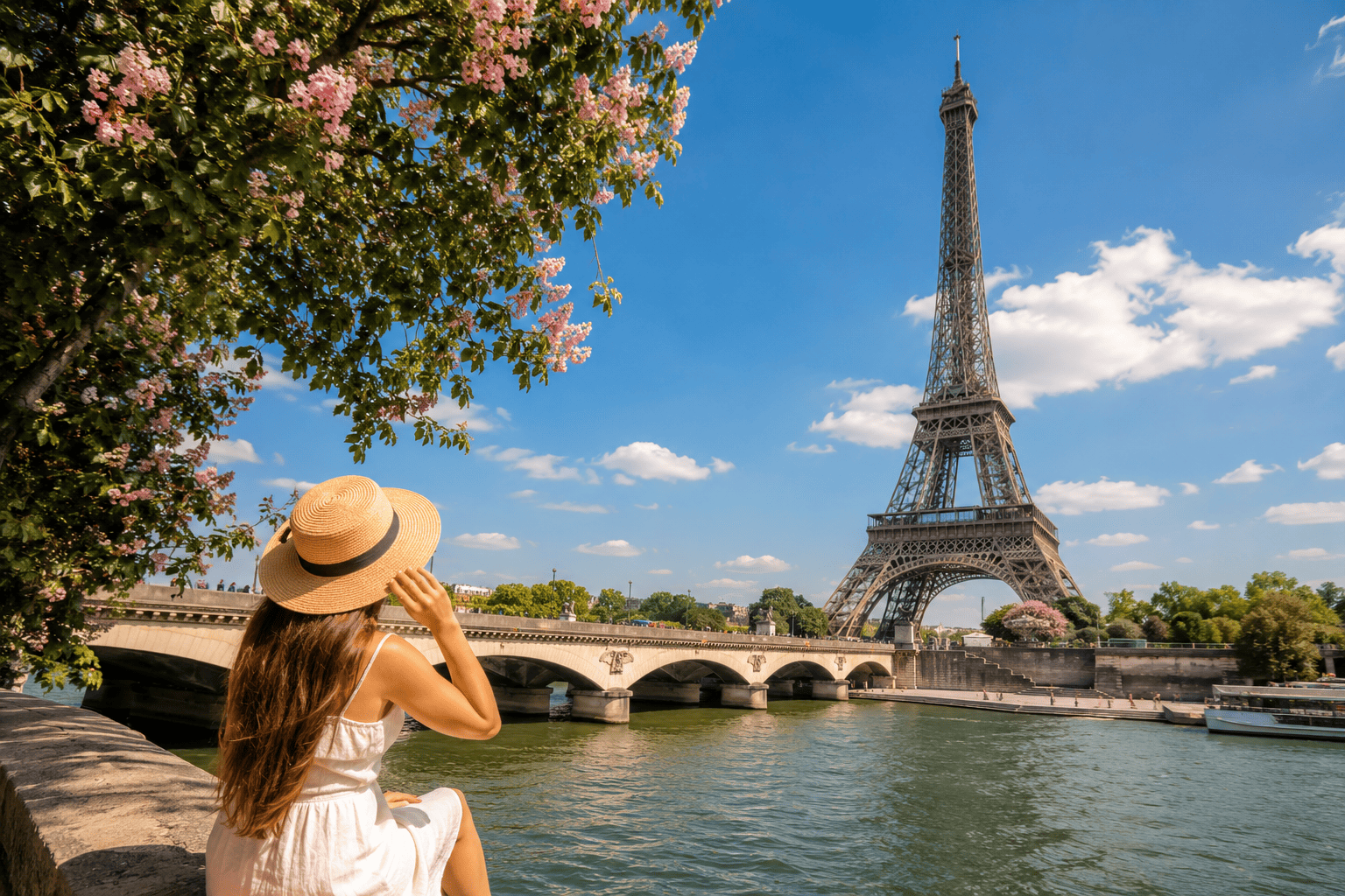 Sunny riverside view with Eiffel Tower