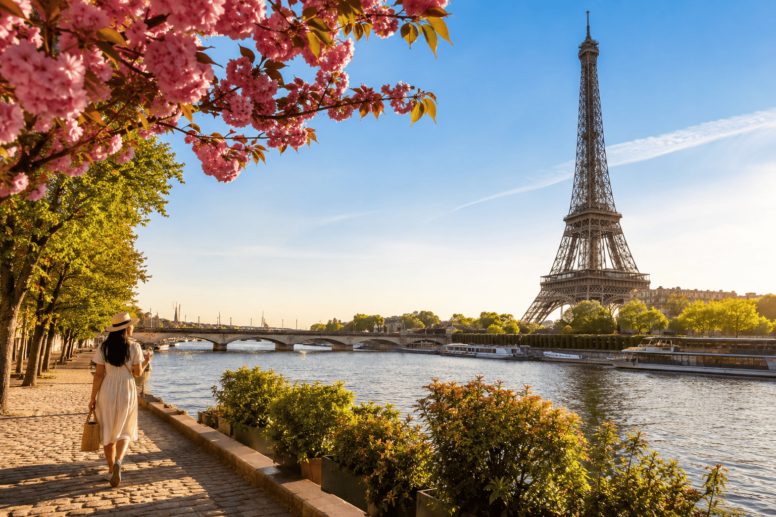 Spring scene by the Seine in Paris with the Eiffel Tower in the distance