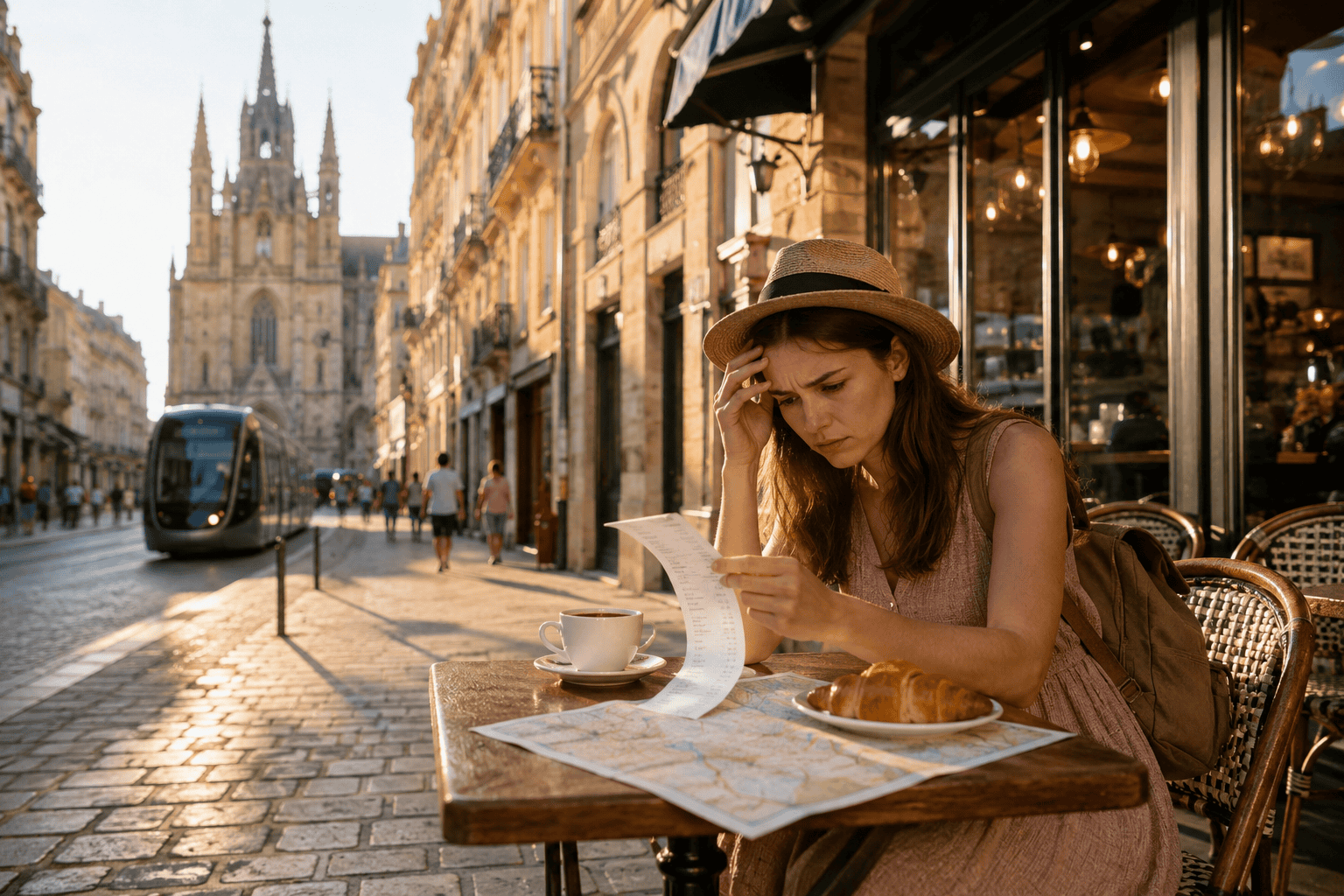 Concerned traveler at a café in Bordeaux