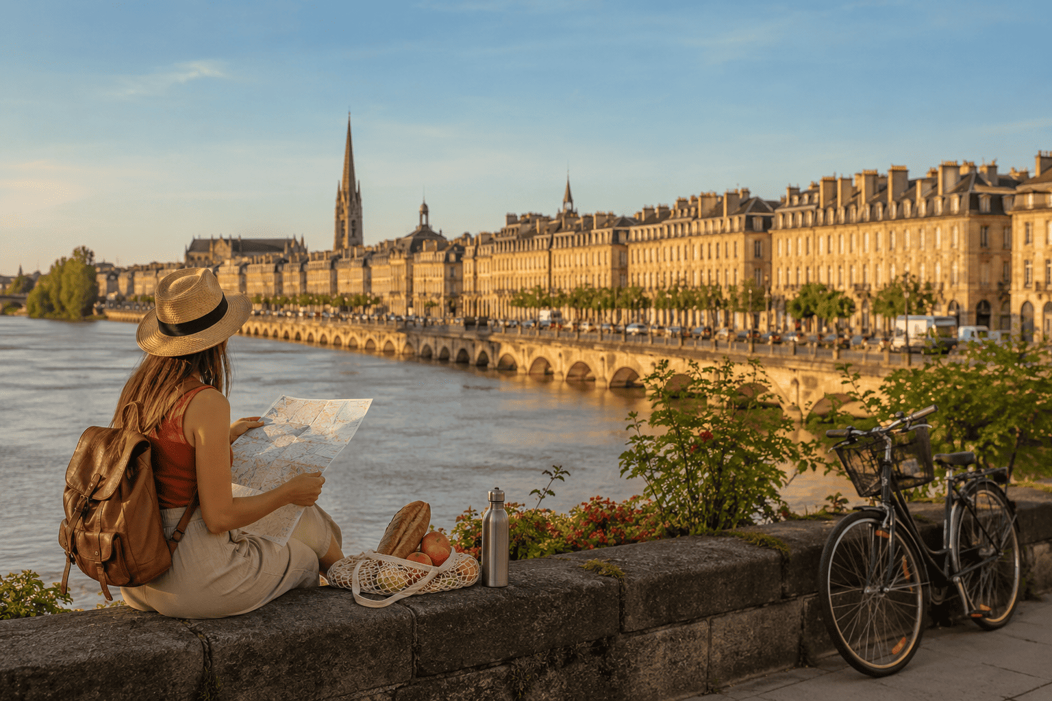 Riverside relaxation in golden evening light in Bordeaux