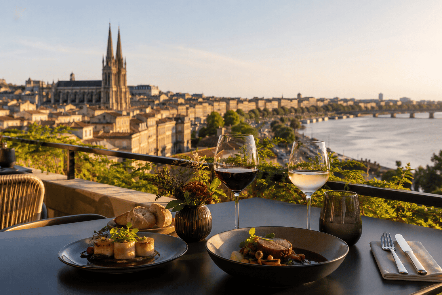 Sunset dining on a scenic terrace in Bordeaux