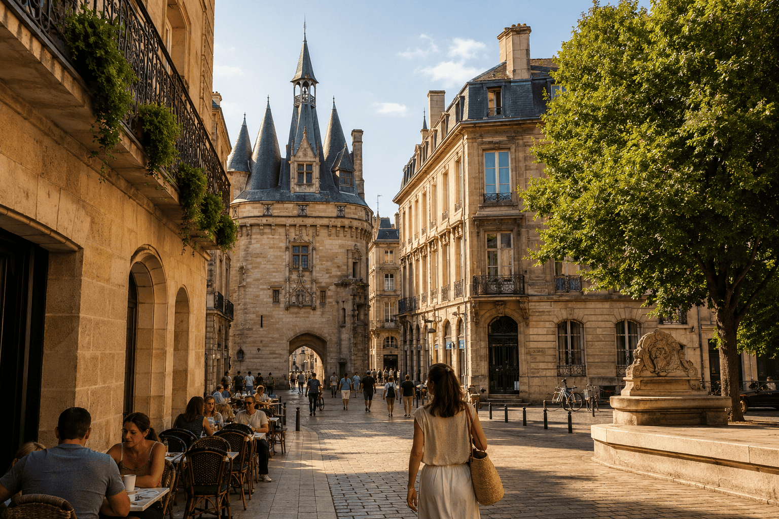 Historic street in Bordeaux with cafés and golden evening light